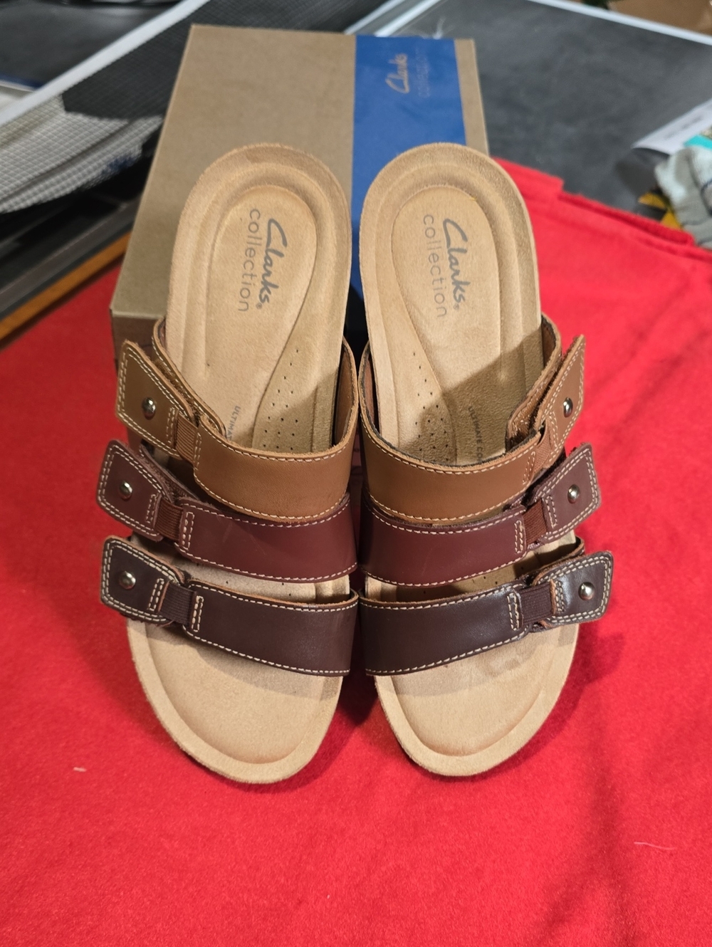 Clarks Women’s Triple Strap Slide Sandals in Tan and Brown